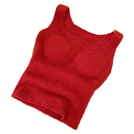 Winter Women s Fluffy Loungewear Crop Tank Top Plush thermal vest with bra pad
