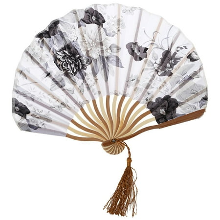 Chinese Gray Peony Blossom Fabric Bamboo Folding Dancing Hand Fan White