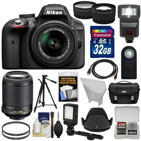 Nikon D3300 Digital SLR Camera & 18-55mm G VR DX II (Black) with 55-200mm VR II Lens + 32GB + Case + Tripod + Flash + LED Light + Tele\/Wide Lens Kit Nikon D3300 Digital SLR Camera & 18-55mm G VR DX II (Black) with 55-200mm VR II Lens + 32GB + Case + Tripod + Flash + LED Light + Tele\/Wide Lens Kit