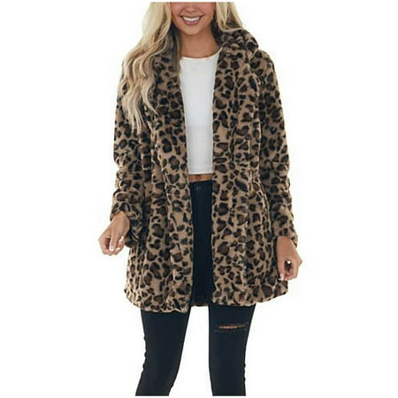 Fall Cardigans for Womens Fashion Leopard Print Jackets Fleece Fur Coats Lapel Open Front Outwear with Pocket