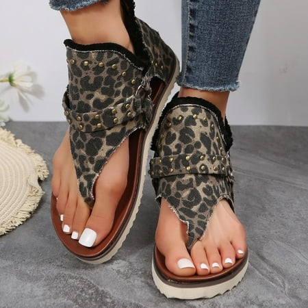 

KBODIU Women s Arch Support Sandals Orthotic Adjustable Flat Sandals Women Cow Leopard Print Clip-Toe Zipper Comfy Flats Casual Beach Sandals