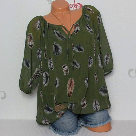 Tuscom Women Plus Size Half Sleeve Feather Print V-neck Blouse Pullover Tops Shirt
