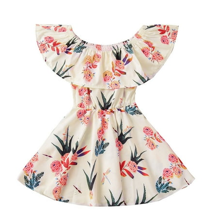 Dresses for Girls Short Sleeve A Line Short Dress Floral Print Beige 100