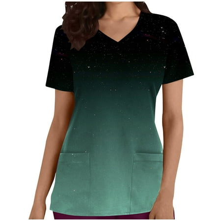

HAPIMO Women s Trendy Scrub Tops with Pocket Clearance Short Sleeve Shirts Fashion Summer Galaxy Gradient Tees V Neck Pullover Nursing Working Comfy Sale Clothing Mint Green XL