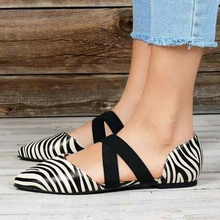 Women Pointed Toe Spike Shoes Flat Heels Buckle Elastic Band Casual Sandals 35