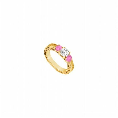 Three Stone Pink Sapphire & Diamond Ring 14K Yellow Gold, 0.33 CT - Size 7