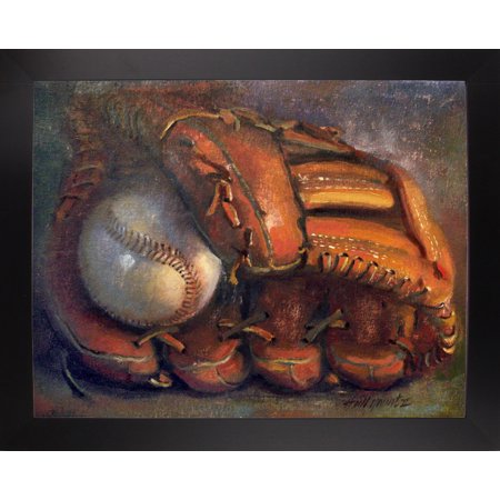 Baseball with Mitt #7-HALGRO111563 Print 6.25"x8" by Hall Groat II in a Affordable Black Large