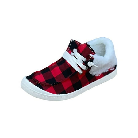 Ritualay Women Anti-Slip Loafers Casual Slip On Flats Work Sports Plaid Boat Shoe Red Plaid Boat Shoes 8
