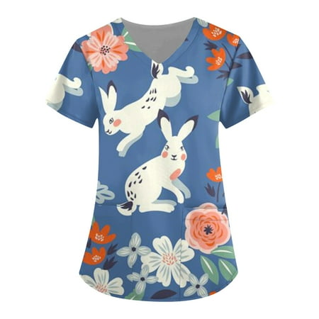 TQWQT Easter Printed Scrub Tops for Women Breathable Easter Eggs Bunny Pattern V-Neck T-Shirts Tee Scrubs Top with Pockets