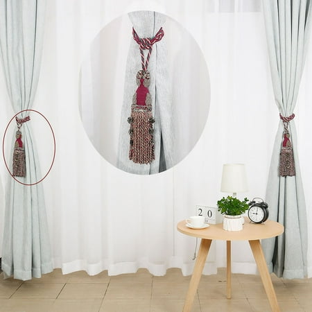 Curtain Tieback 35 Inch Holdback Home Braid Rope Window Tassels Curtain Holder Burgundy + Silver Tone