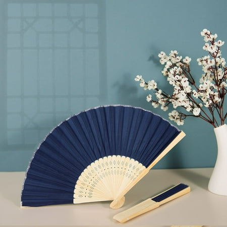 5 Pack | Navy Blue Asian Silk Folding Fans - Pack of 5 Fans