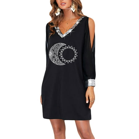 ERTUTUYI Women V Neck Paillette Long Sleeve Print T Shirt Off Shoulder Dress Black S
ERTUTUYI Women V Neck Paillette Long Sleeve Print T Shirt Off Shoulder Dress Black S