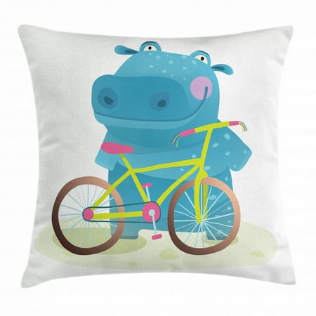Hippo Throw Pillow Cushion Cover, Hippo Child with Colorful Bicycle Having Fun Doing Sports Graphic Illustration Print, Decorative Square Accent Pillow Case, 24 X 24 Inches, Multicolor, by Ambesonne