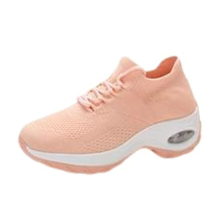 Kukoosong Womens Comfort Shoes Sports Casual Rocking Shoes High Elastic Flying Woven Breathable Flat Shoes Women Pink 39
