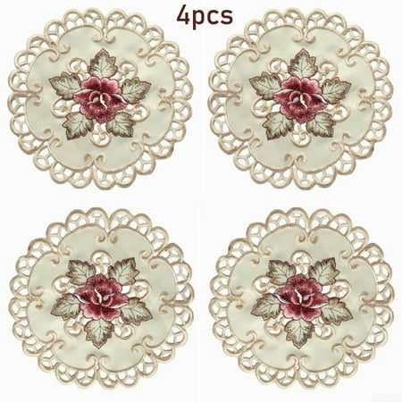 4pcs Round Embroidered Flower Dining Table Placemat Home Party Wedding Cover