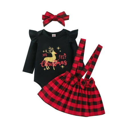 Bebiullo Toddler Baby Girls Christmas Print Long Sleeve Romper Plaid Suspender Skirt and Headband Outfits Set
Bebiullo Toddler Baby Girls Christmas Print Long Sleeve Romper Plaid Suspender Skirt and Headband Outfits Set