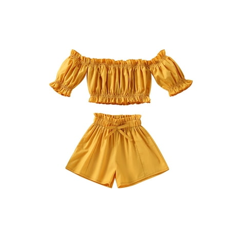 Frobukio Lovely Little Girl Shorts Set Short Sleeve Off Shoulder Solid Color Crop Tops Elastic High Waist Shorts Yellow 4-5 Years
Frobukio Lovely Little Girl Shorts Set Short Sleeve Off Shoulder Solid Color Crop Tops Elastic High Waist Shorts Yellow 4-5 Years