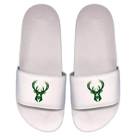 Men s ISlide White Milwaukee Bucks Primary Logo Motto Slide Sandals
