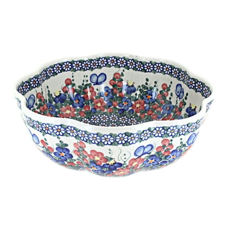 Blue Rose Polish Pottery Garden Butterfly Large Scallop Bowl