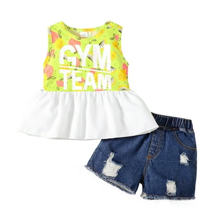 4T Toddler Baby Girls Outfits Sleeveless Round Neck Letter Print Top +Ripped Jeans Shorts 2Pcs Clothes Set 4-5T Green
4T Toddler Baby Girls Outfits Sleeveless Round Neck Letter Print Top +Ripped Jeans Shorts 2Pcs Clothes Set 4-5T Green