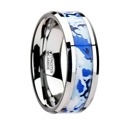 General Tungsten Wedding Ring With Blue And White Camouflage Inlay