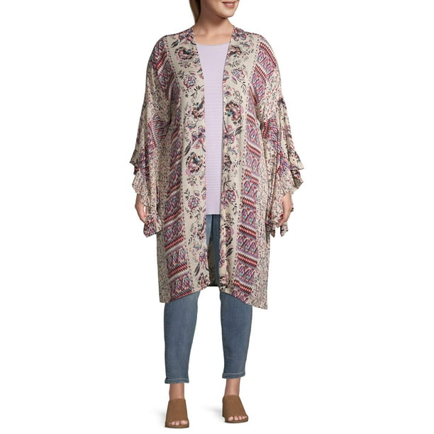 Romantic Gypsy Women's Plus Size Mixed Print Ruffle Sleeve Kimono