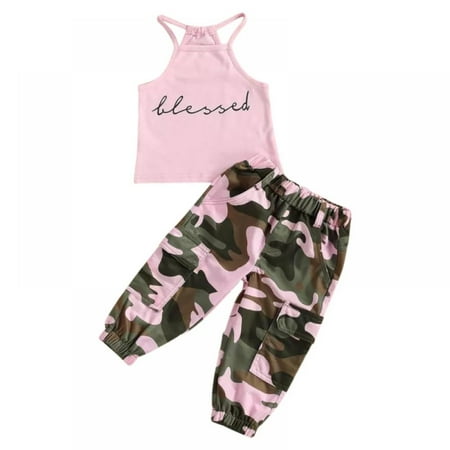 Toddler Girls Sleeveless Letter Vest+Camouflage Trousers Two-piece