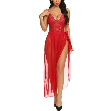 Avidlove Women Lingerie Set Deep V Lace Bodysuit Mosaic Lace Teddy Long Mesh Skirt Red XXX-Large