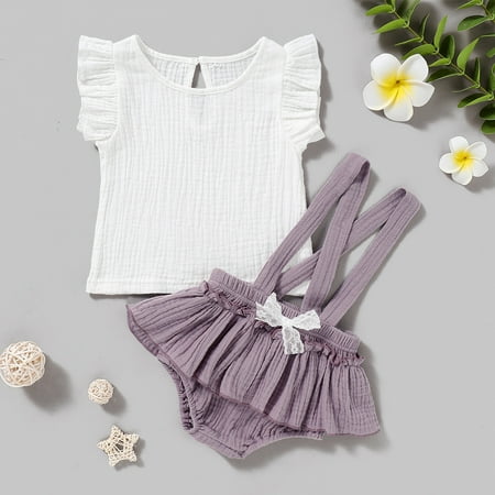 Leutsin Newborn Infant Baby Girls Solid Linen Tops Tee T Shirts Straps Shorts Outfits