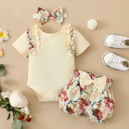 Sunhillsgrace 2023 Summer Girls Outfits&Set Girls Ruffles Short Sleeve Ribbed Romper Bodysuits Bowknot Floral Printed Shorts Headbands Outfits
Sunhillsgrace 2023 Summer Girls Outfits&Set Girls Ruffles Short Sleeve Ribbed Romper Bodysuits Bowknot Floral Printed Shorts Headbands Outfits