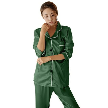 Women s Striped Lapels Button Silk Satin Long Sleeve Two-piece Pajamas Suit