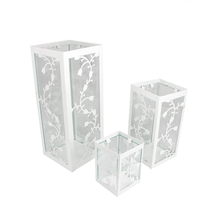 Set of 3 White French Country Garden Floral Pillar Candle Holder Lanterns 12"
