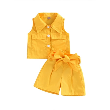 Suanret Toddler Girls Summer Shorts Suit Solid Color Double Pocket Button Closure Lapel Tops Bow Tie Shorts Yellow 1-2 Years
Suanret Toddler Girls Summer Shorts Suit Solid Color Double Pocket Button Closure Lapel Tops Bow Tie Shorts Yellow 1-2 Years