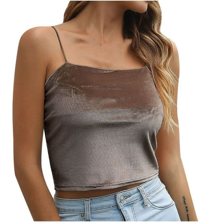 

BVnarty Women s Camisole Summer Crop Tops Trendy 2023 Strappy Tanks for Teen Girls Sleeveless Spaghetti Strap Soft Comfy Cami Solid Color Plain Backless Vacation Ladies Travel Clothes Khaki M