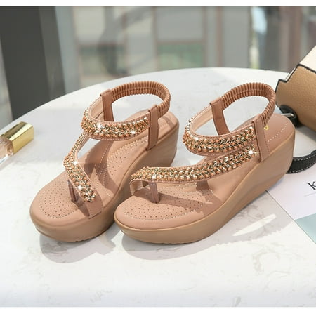 Cathalem Wedges Women s Sandals Fashion Shoes Sandals For Women Summer Shoes Strap Buckle Women s Womens Slide Sandals Rhinestone Coffee 8.5