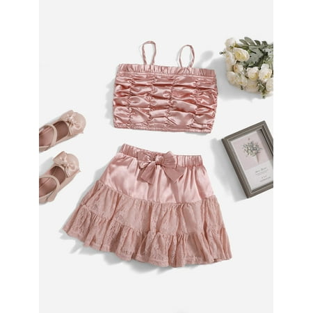 

Toddler Girls Ruched Cami Top Bow Front Lace Skirt Set Dusty Pink Glamorous A040W