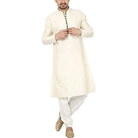 Royal Kurta Men s Silk Blend Jacquard Floral Print Kurta Churidar Offwhite