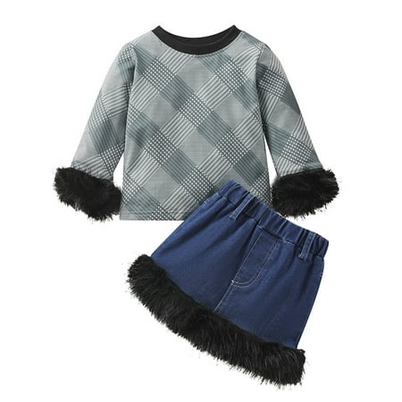 Ma&Baby Kids Girl Casual Outfit Fur Cuff Round Neck Long Sleeves Plaid Tops and Stretch Denim Skirt Set
Ma&Baby Kids Girl Casual Outfit Fur Cuff Round Neck Long Sleeves Plaid Tops and Stretch Denim Skirt Set