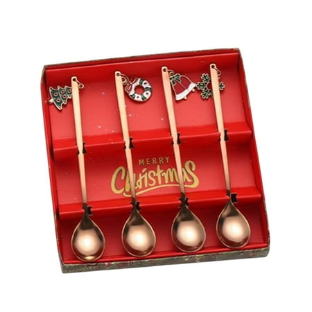 4x Christmas Dining Spoon with Christmas Pendants Dessert Party Spoons Dinnerware Set Soup Spoon for Holiday Gift Party Favors New Year Home Rose Aureate