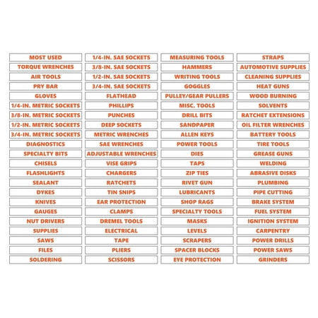 Toolbox Organizational Magnetic Labels Premium Set by DCM Solutions (Burnt Orange Inverted 0.50 H x 4.5 W)
Toolbox Organizational Magnetic Labels Premium Set by DCM Solutions (Burnt Orange Inverted 0.50 H x 4.5 W)