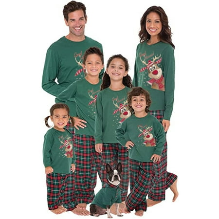 Spring hue Family Matching Christmas Pajamas Set Plaid Reindeer Print Long Sleeve Sleepwear
