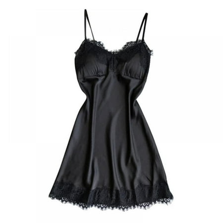 Women Lingerie Satin Lace Chemise Nightgown Full Slips Sleepwear