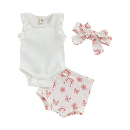 Baby Girl Summer Rompers Set Ribbed Sleeveless Jumpsuit and Casual Rainbow/ Butterfly Print Shorts Headband 0-18 Months
Baby Girl Summer Rompers Set Ribbed Sleeveless Jumpsuit and Casual Rainbow/ Butterfly Print Shorts Headband 0-18 Months
