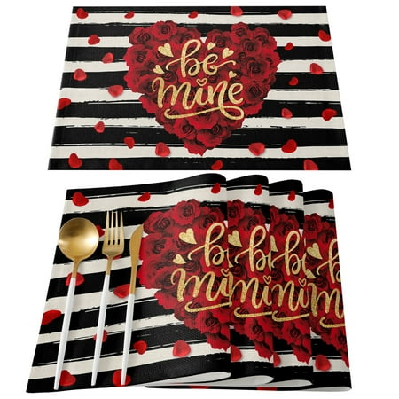 Valentine s Day Placemats Set of 4 Happy Valentine s Day Tablemats for Dinner Table Valentine s Day Love Hearts Red Placemats Washable Heat-Resistant Burlap Table Place Mats
