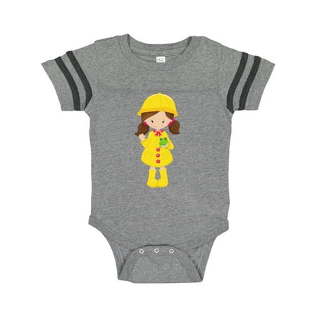Inktastic Girl With Brown Hair Yellow Raincoat Frog Gift Baby Girl Bodysuit