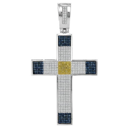 10kt White Gold Mens Round Blue & Yellow Colored Diamond Roman Cross Religious Charm Pendant 1-3/4 Cttw