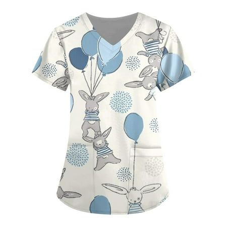 Mlqidk Easter Printed Scrub Tops for Women Breathable Easter Eggs Bunny Pattern V-Neck T-Shirts Tee Scrubs Top with Pockets