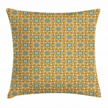 Ethnic Throw Pillow Cushion Cover, Hand Drawn Colorful Floral Design Bohemian Inspirations Tribal Leaves, Decorative Square Accent Pillow Case, 24 X 24 Inches, Mint Mustard and Orange, by Ambesonne