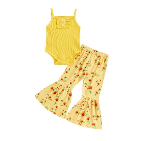 Frobukio 2Pcs Infant Baby Girls Romper Suit Ribbed Sleeveless Sling Jumpsuit + Floral Print Flared Trousers Clothes Yellow 9-12 Months
Frobukio 2Pcs Infant Baby Girls Romper Suit Ribbed Sleeveless Sling Jumpsuit + Floral Print Flared Trousers Clothes Yellow 9-12 Months