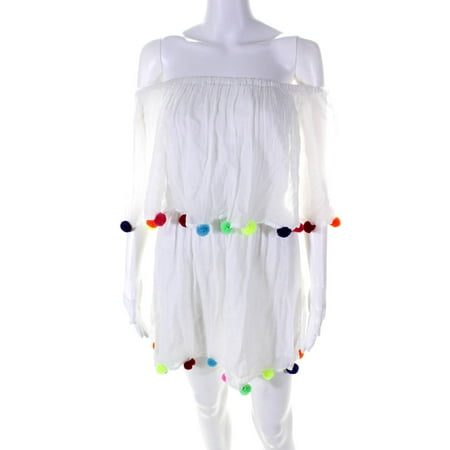 Pre-owned|Pitusa Womens Cotton Off Shoulder Pompom Dress White Size S